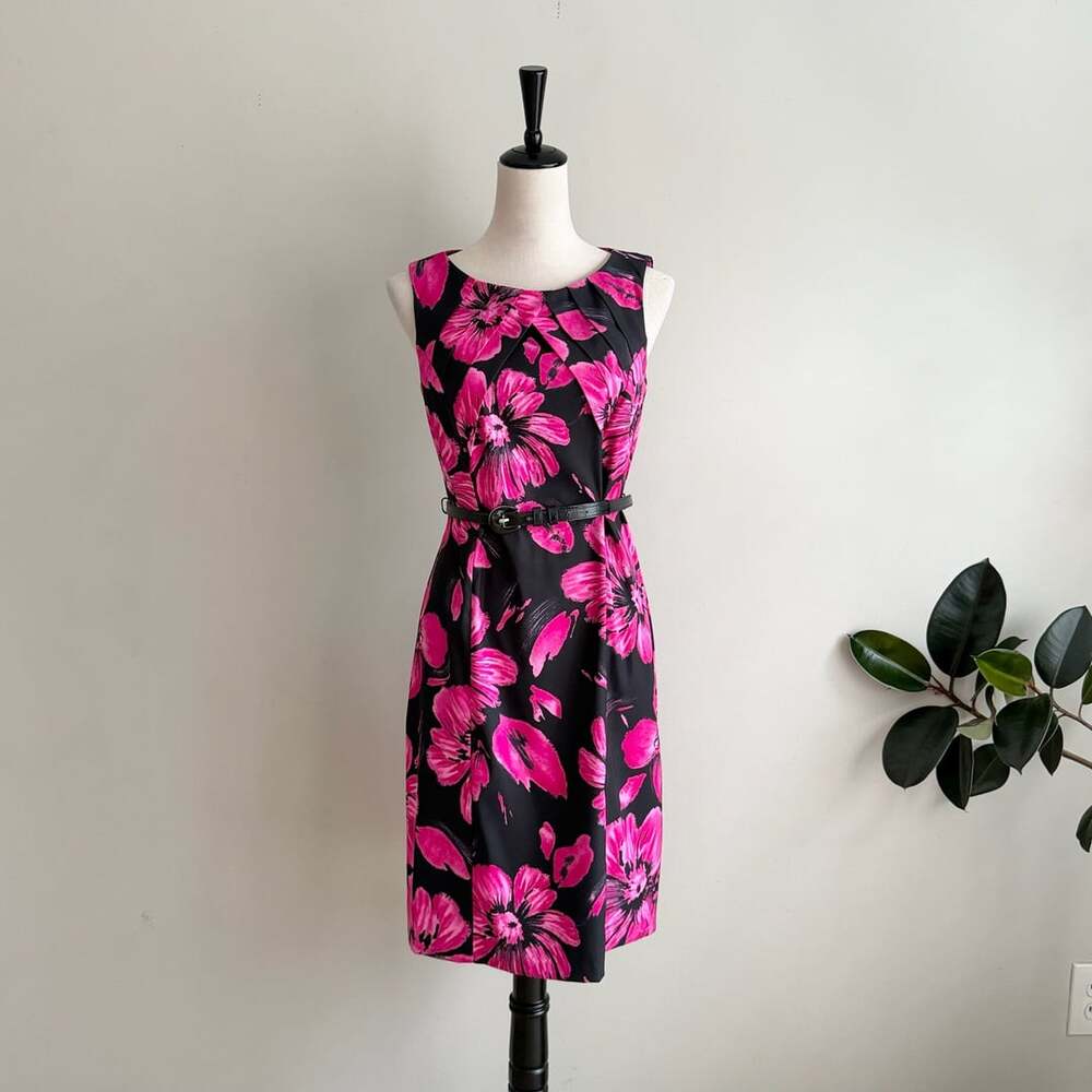 Dressbarn Dress Size 6 Black Pink Floral Sleeveless Sheath Belted